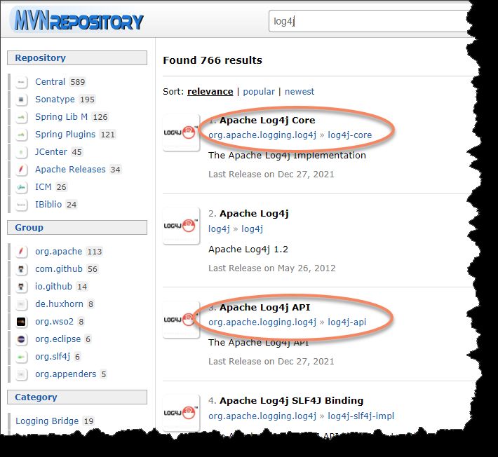 MVNRepository: search for log4j
